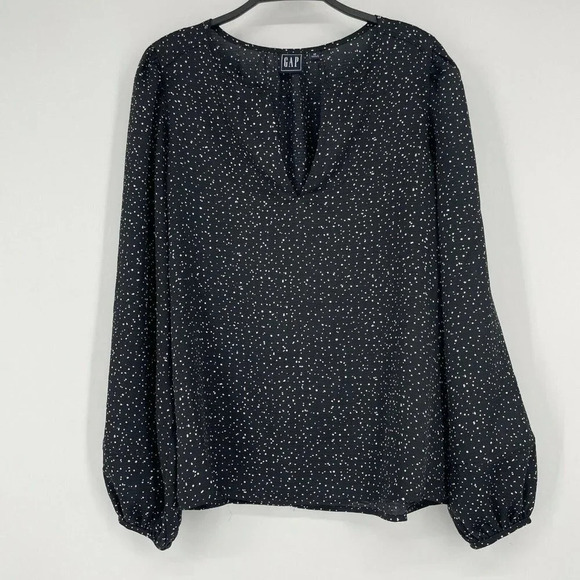 GAP Tops Women's Sz M Black White Polka Dots V Neck Pullover Puffed Long Sleeve - Picture 1 of 8